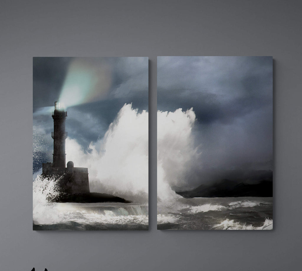 "Lighthouse in the Storm" Diptych Hamptons Wall Art