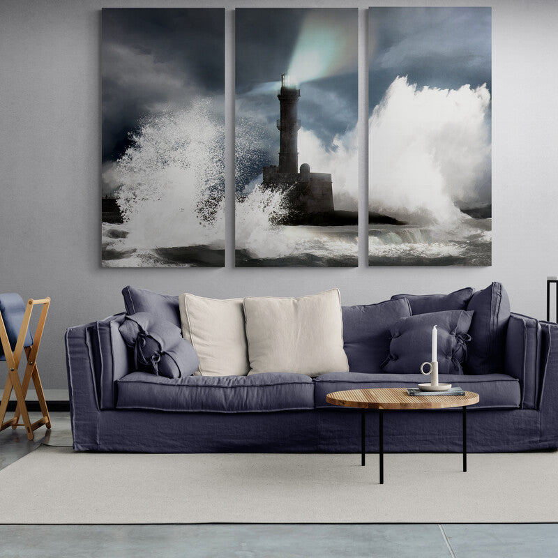 "Lighthouse in the Storm" Triptych prints Hamptons Coastal Nautical Wall prints by Australian artist Reeve King