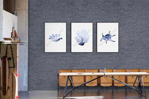 Hamptons set of 3 blue Shell Coral  nautical  beach coastal prints by Reeve King