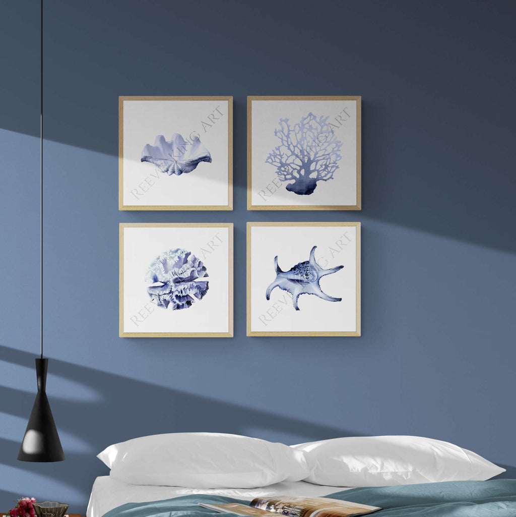 Hamptons set of four coral shell nautical  beach coastal prints by Australian artist Reeve King