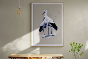 Storks on beige Hamptons Coastal Nautical Farmhouse French Country Prints by Australian artist Reeve King